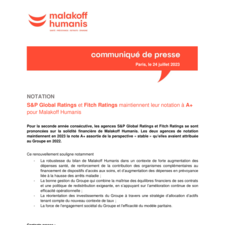 S&P Global Ratings et Fitch Ratings maintiennent leur notation à A+ pour Malakoff Humanis