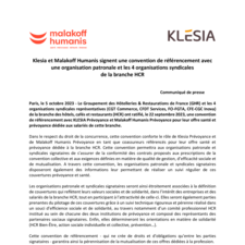 2023-10-3-Klesia et Malakoff Humanis signent une convention de référencement avec une organisation patronale et les 4 organisations syndicales  de la branche HCR