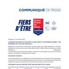 Communiqué de presse_LA BANQUE POPULAIRE DU SUD REÇOIT LE LABEL GPTW, ET EST RECONNUE COMME « UNE ENTREPRISE OÙ IL FAIT BON TRAVAILLER »