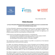 Press Release : La France Mutualiste (Malakoff Humanis Group) and UNOFI join forces to accelerate their growth in the individual savings market