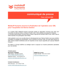 Communiqué de presse Malakoff Humanis & Sienna Gestion avec GBL