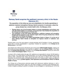 Ramsay Santé acquires the Clinique La Recouvrance in the Haute-Garonne (31 - France)