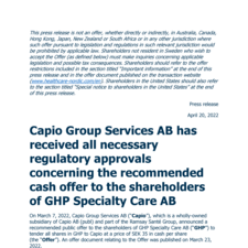 Capio Group Services AB has received all necessary regulatory approvals concerning the recommended cash offer to the shareholders of GHP Specialty Care AB