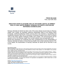 Indicative offer to acquire 100% of the share capital of Ramsay Health Care Limited (Ramsay Générale de Santé's australian reference shareholder)