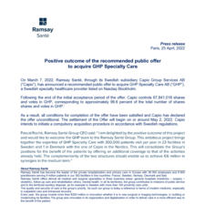 Positive outcome of the recommended public offer to acquire GHP Specialty Care