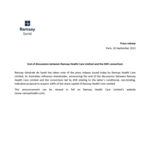 End of discussions between Ramsay Health Care Limited and the KKR consortium