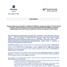 Ramsay Santé has concluded an additional €150M loan agreement within its Fiducie Sûreté (created in 2018) becoming one of the largest Fiducies-Sûreté (€318M in cumulative outstandings loan) in the French market and the first one indexed to ESG criteria.