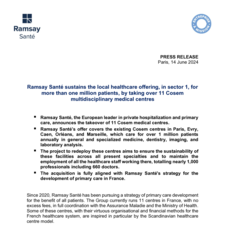 Ramsay Santé sustains the local healthcare offering, in sector 1, for more than one million patients, by taking over 11 Cosem multidisciplinary medical centres
