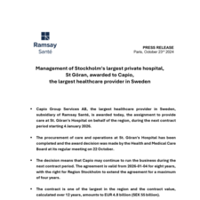 Management of Stockholm's largest private hospital, St Göran, awarded to Capio, the largest healthcare provider in Sweden