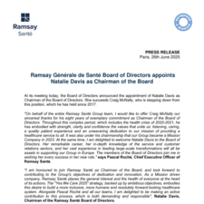 Ramsay Générale de Santé Board of Directors appoints Natalie Davis as Chairman of the Board