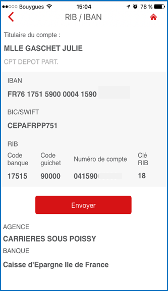 Ecran IBAN et RIB dans l’application Banxo
