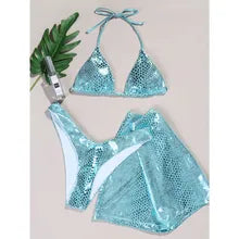 3pcs Metallic Halter Bikini Swimsuit & High Stretch Mini Skirt