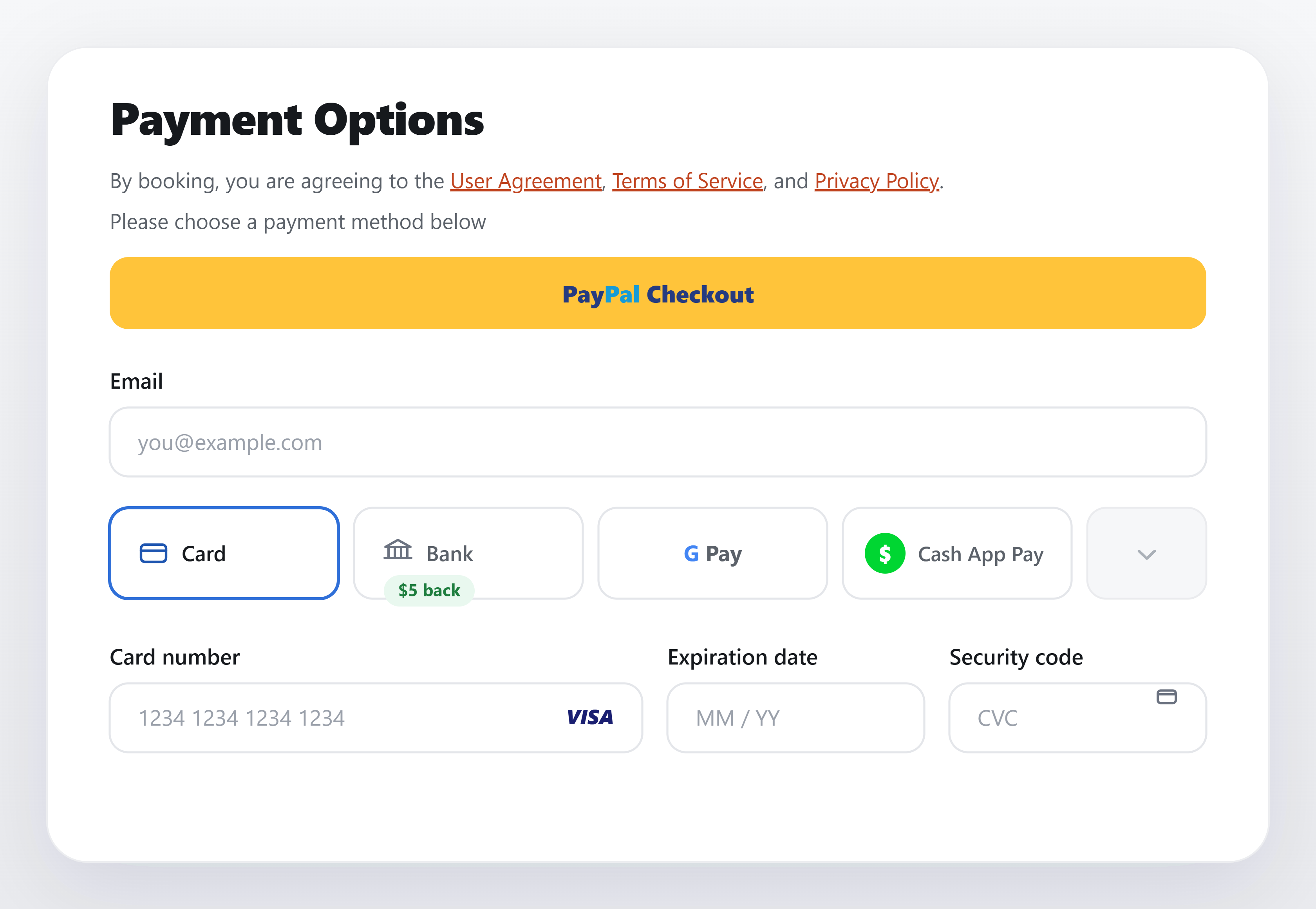 Client payment options at checkout