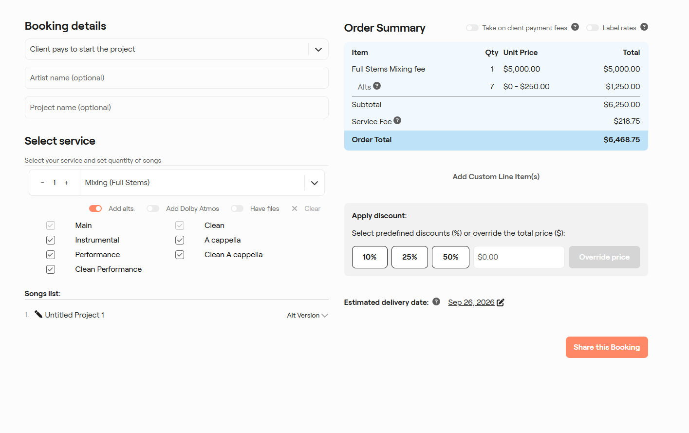 EngineEars create-booking page with service details, rates, and revisions