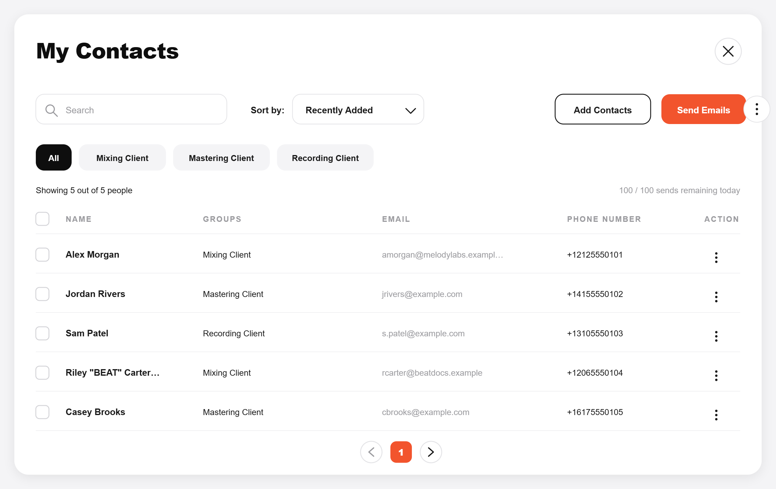 EngineEars engineer CRM with full client list, tags, and follow-up reminders