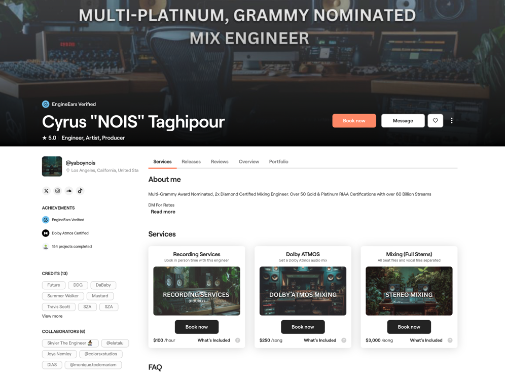 EngineEars engineer profile page with services, rates, and verified credits