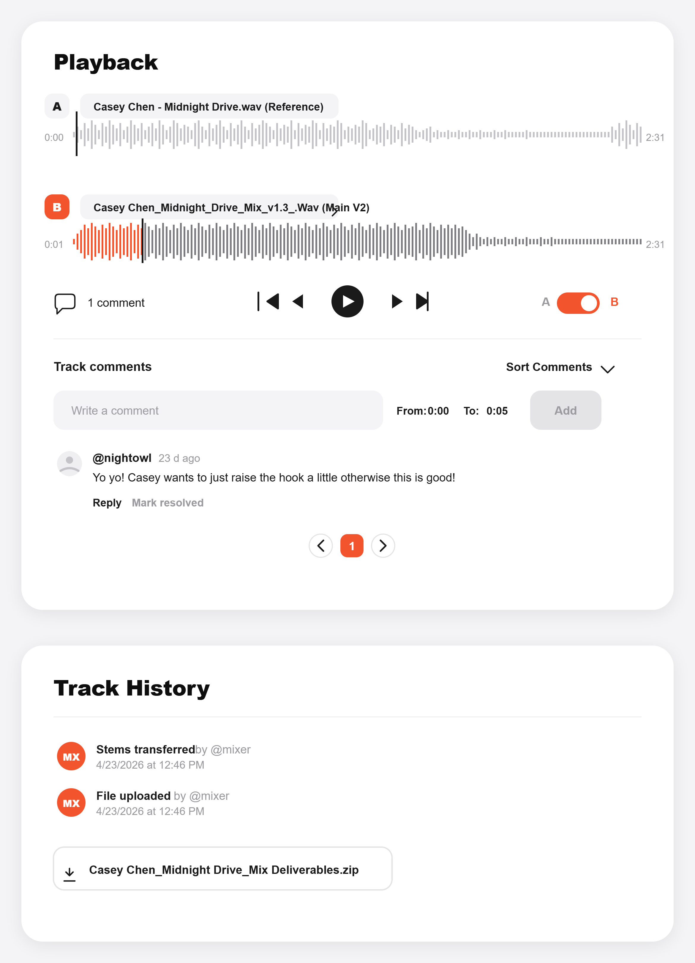 EngineEars A/B reference player comparing mix versions side by side with track comments