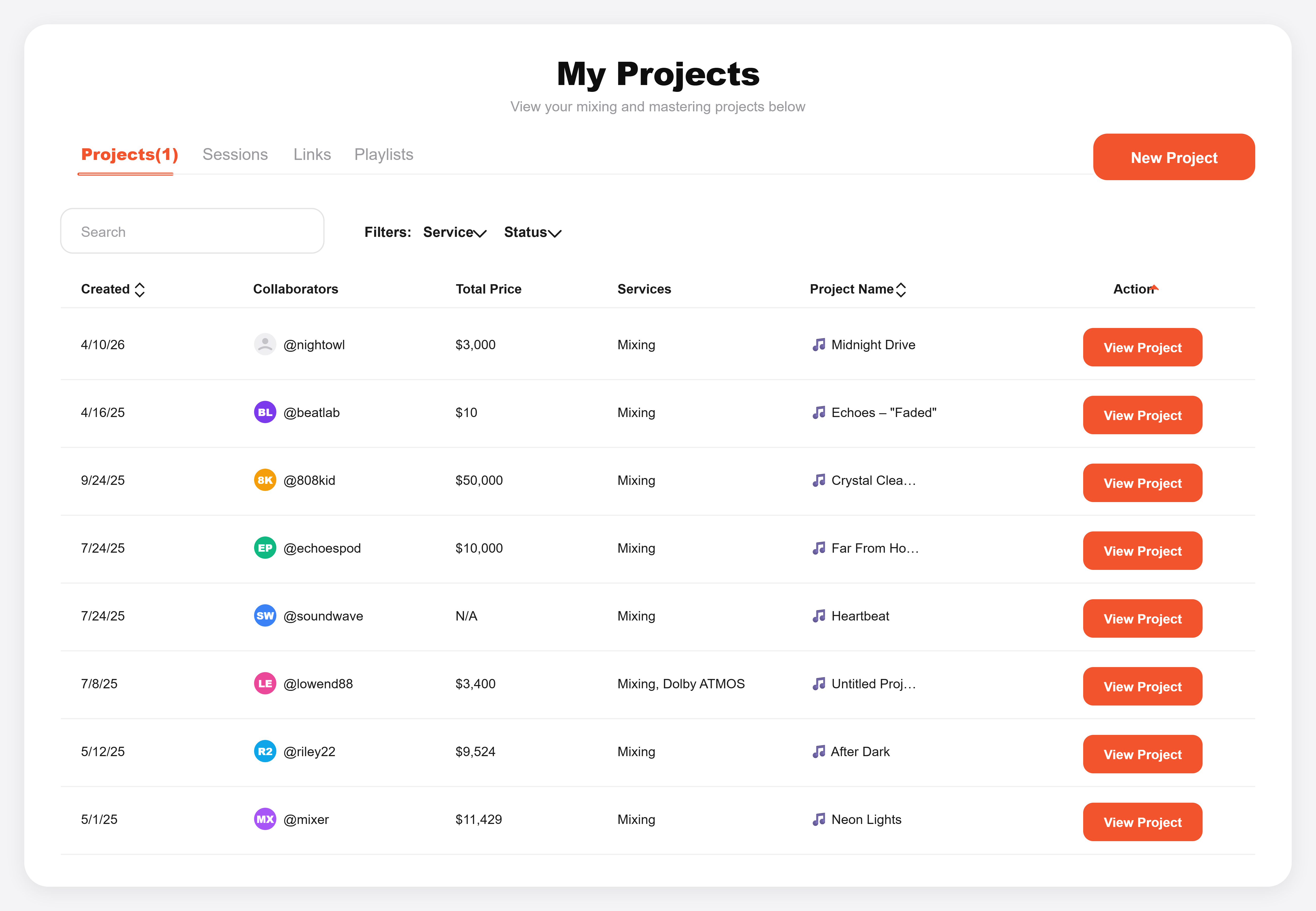 EngineEars engineer project list with active mix, mastering, and recording projects