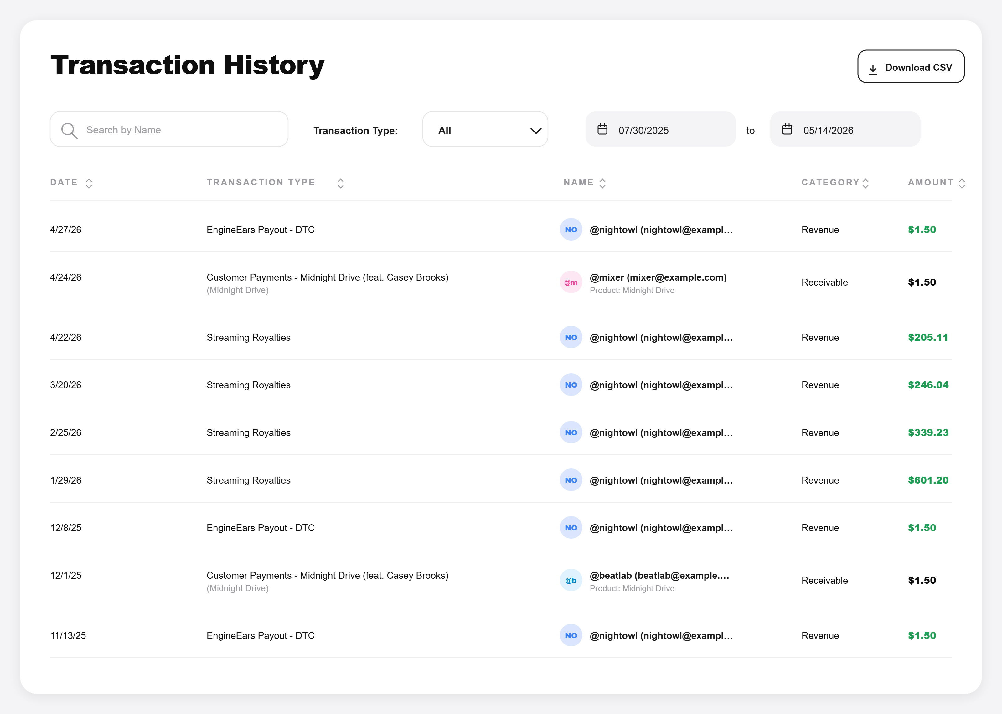 EngineEars engineer transactions and payout history