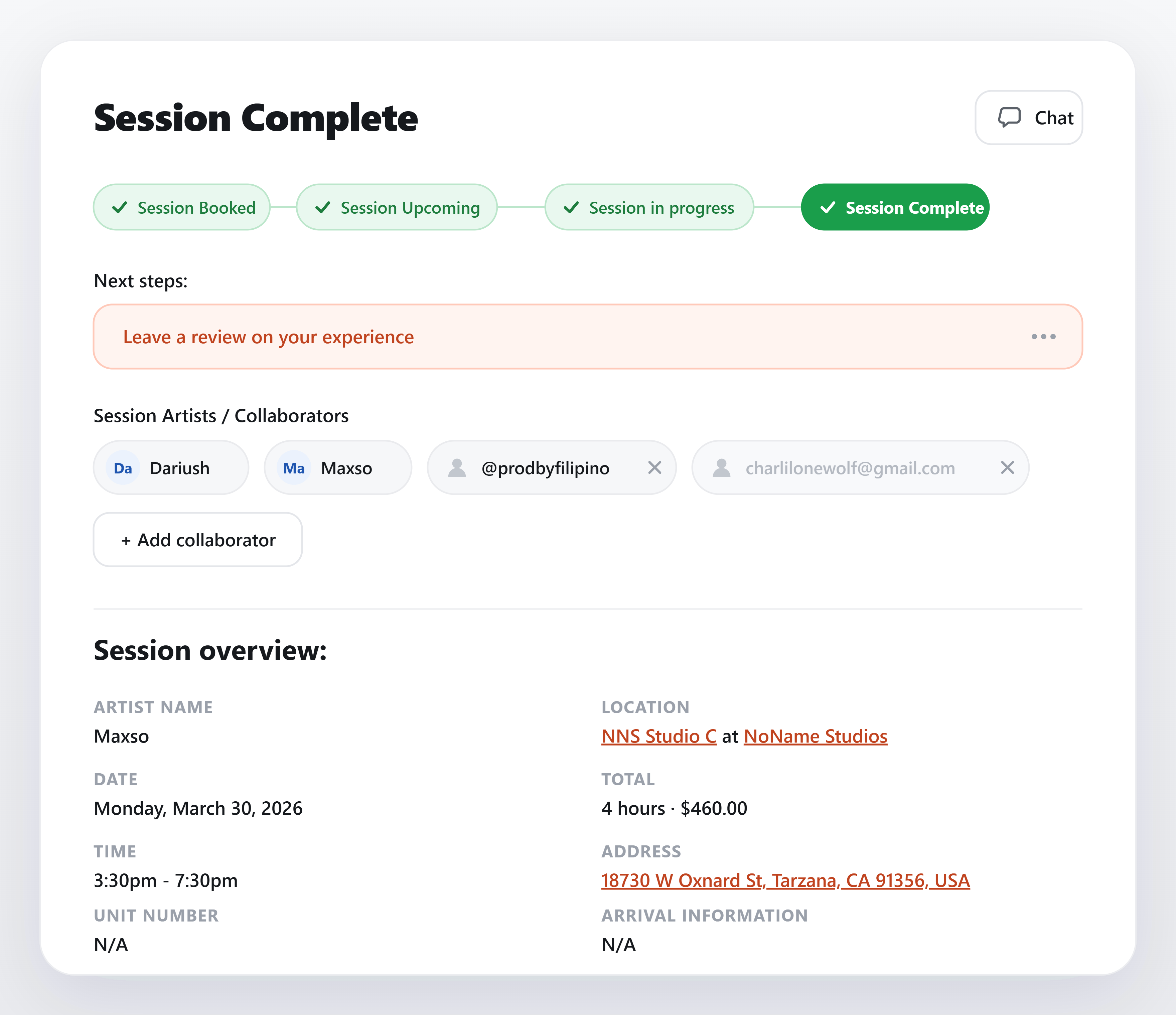 Session overview with status, collaborators, and details