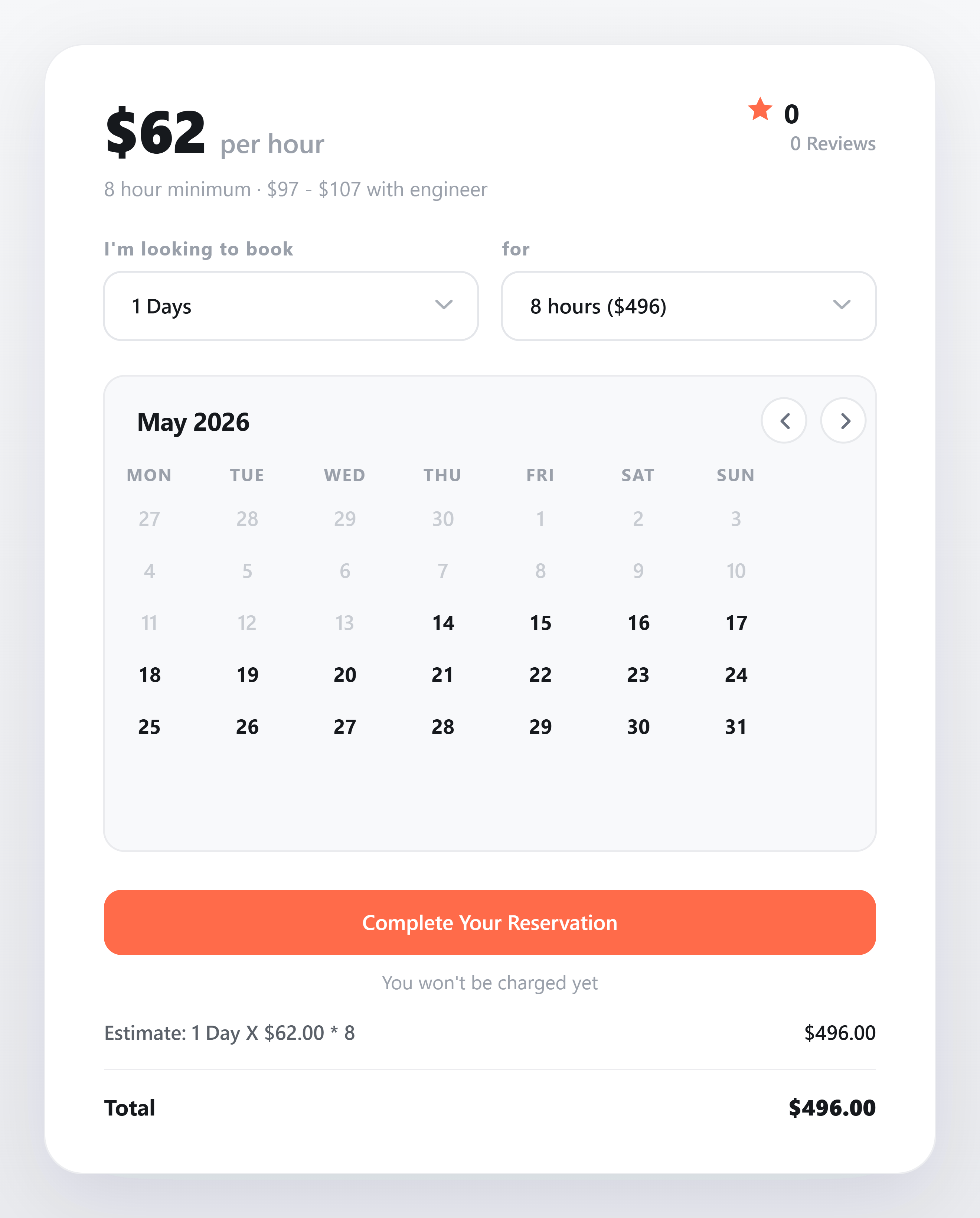 Studio booking card UI