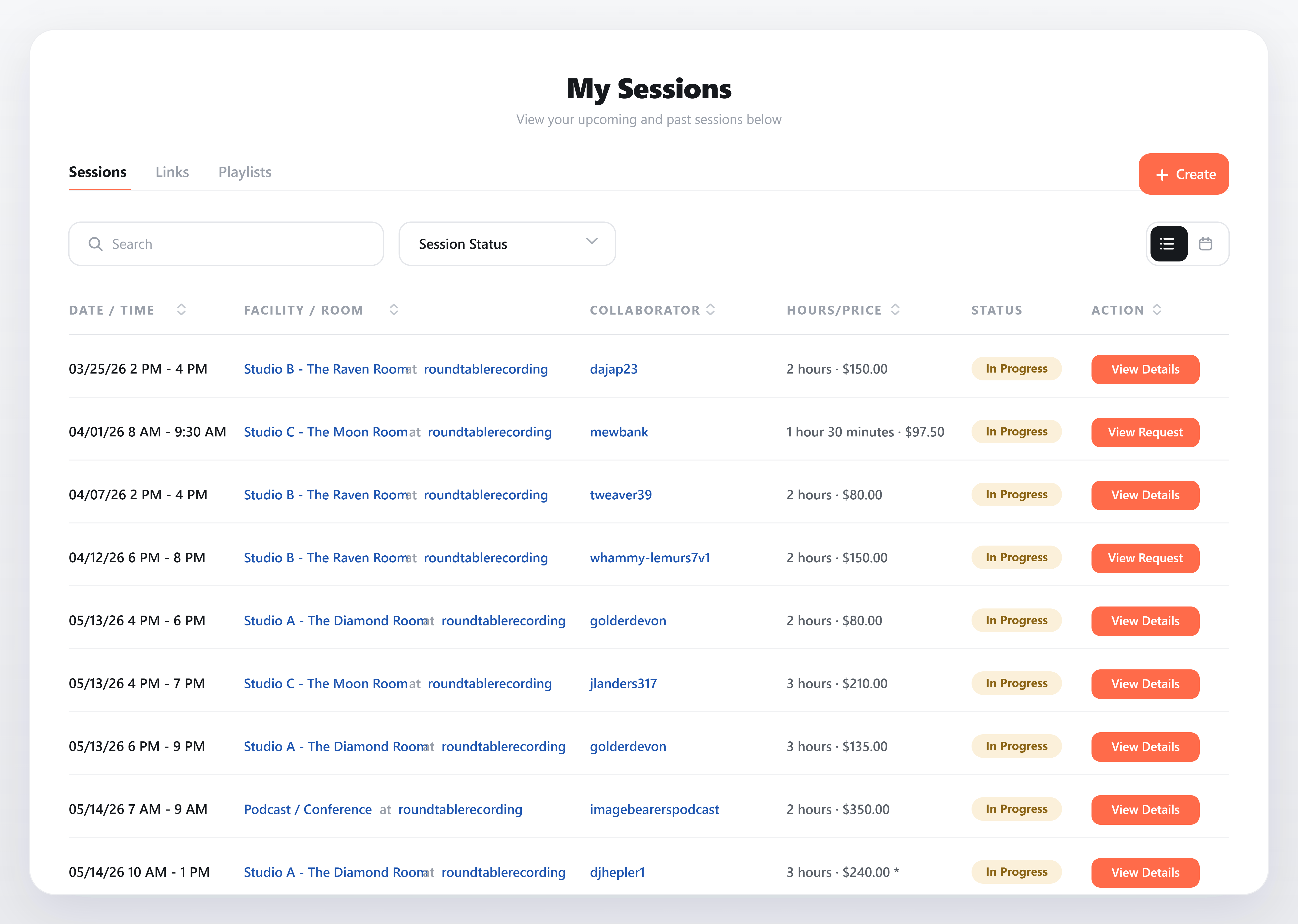 Client and session list view