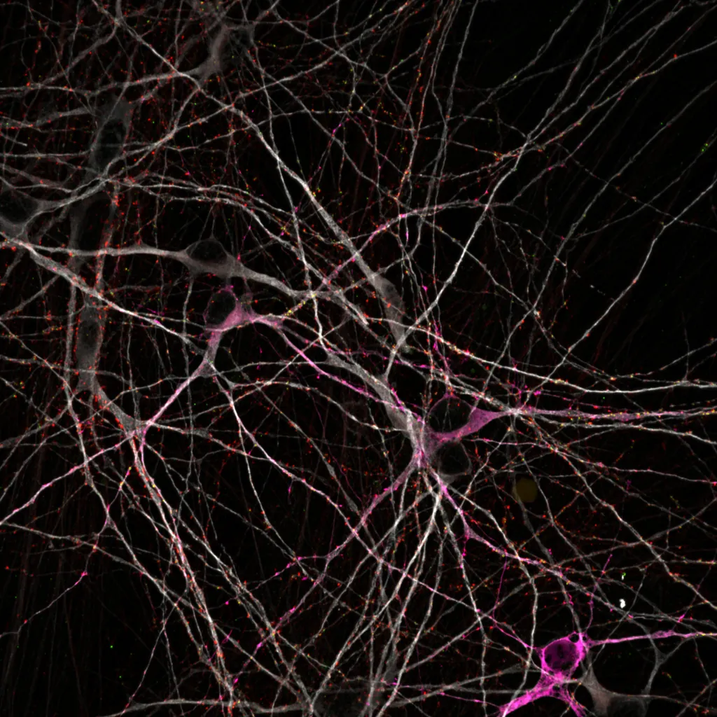A dense mesh of fine white neurites dotted with red points, with a few neurons in magenta.