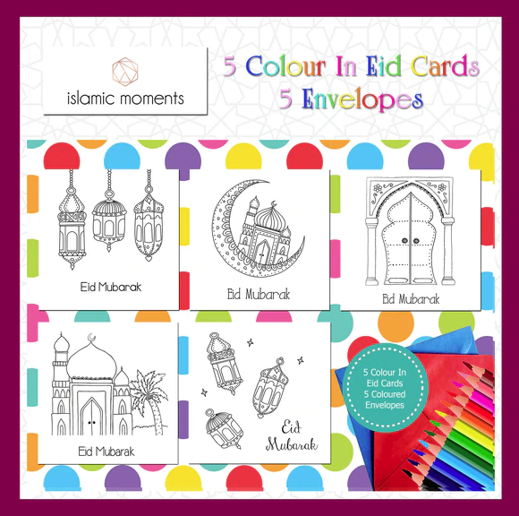 Eid Mubarak Colour in Cards Pack of 5 - Islamic Moments image 1