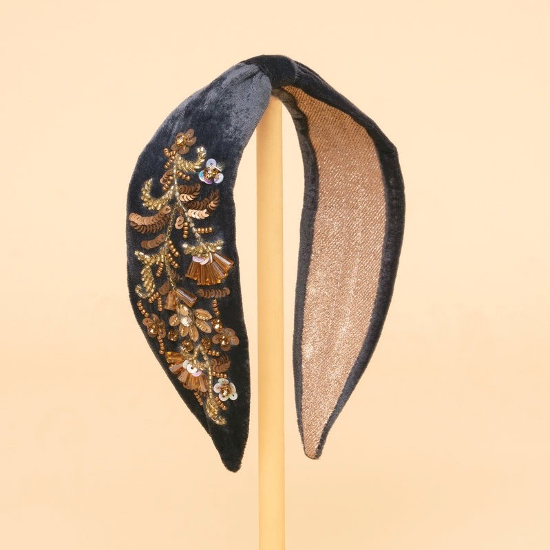 Velvet Headband - Golden Flowers Slate - Powder image 1