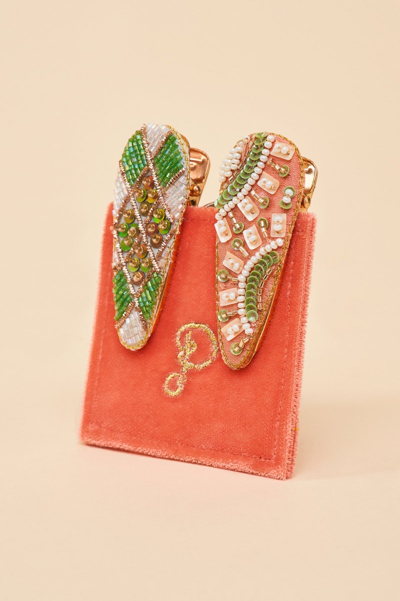 Embroidered Hair Clips - Sunny & Check - Powder image 1