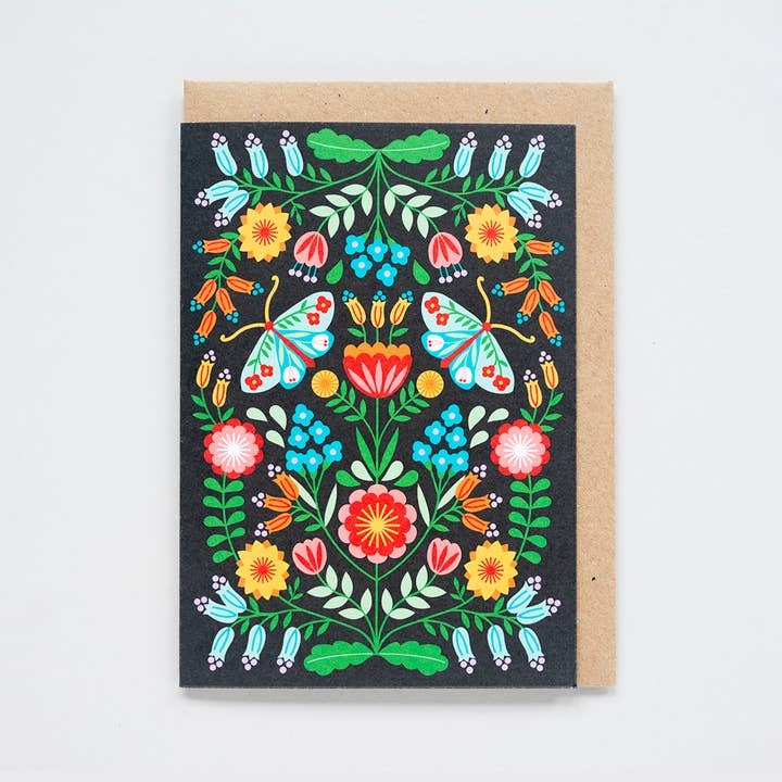 Folk Floral Black Moths & Flowers - Maggie Magoo Designs image 1