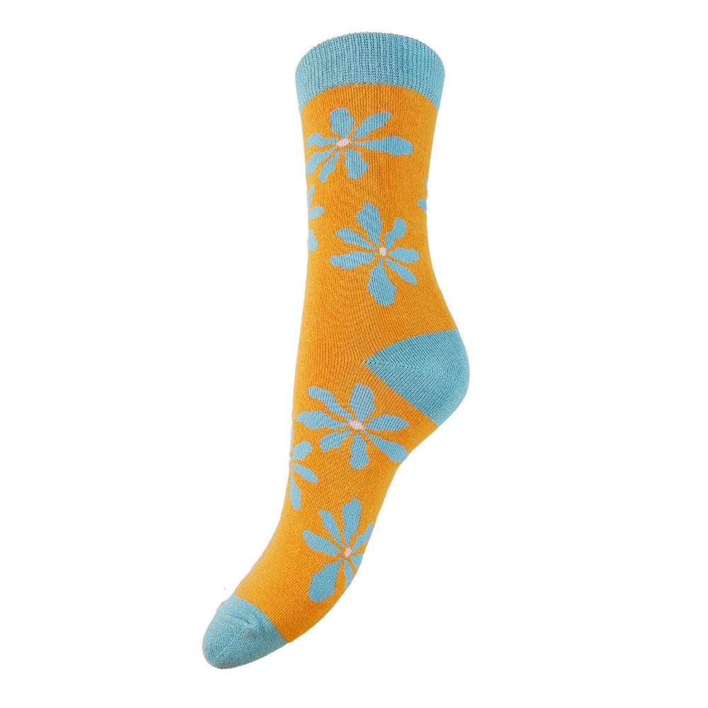 Orange & Blue Flowers Bamboo Socks - JOYA image 1