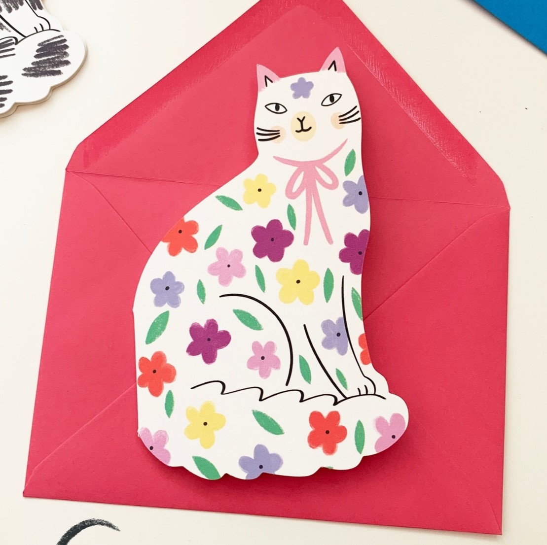 Floral Sitting Cat Cut Out / Shaped Card - Kitty Kenda image 1