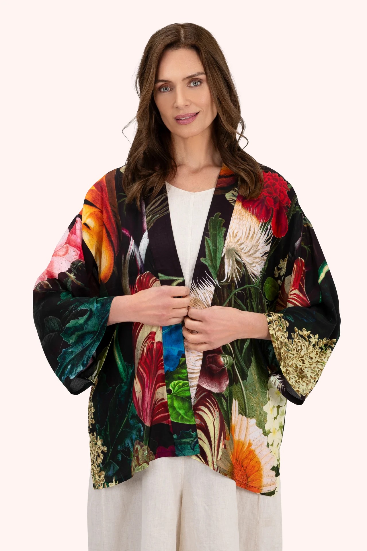Florals Mid-length Kimono - Chocolate - Powder image 1