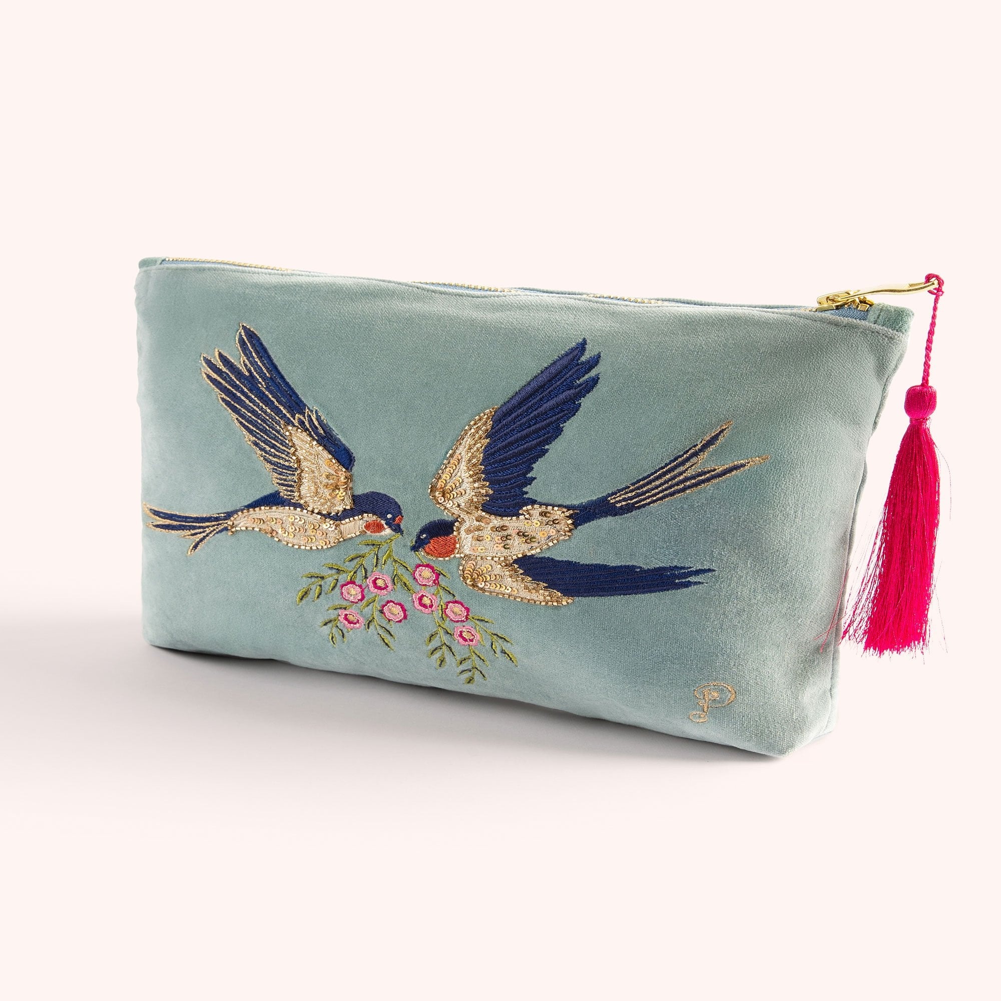 Large Velvet Zip Pouch - Swooping Swallows - Powder image 1