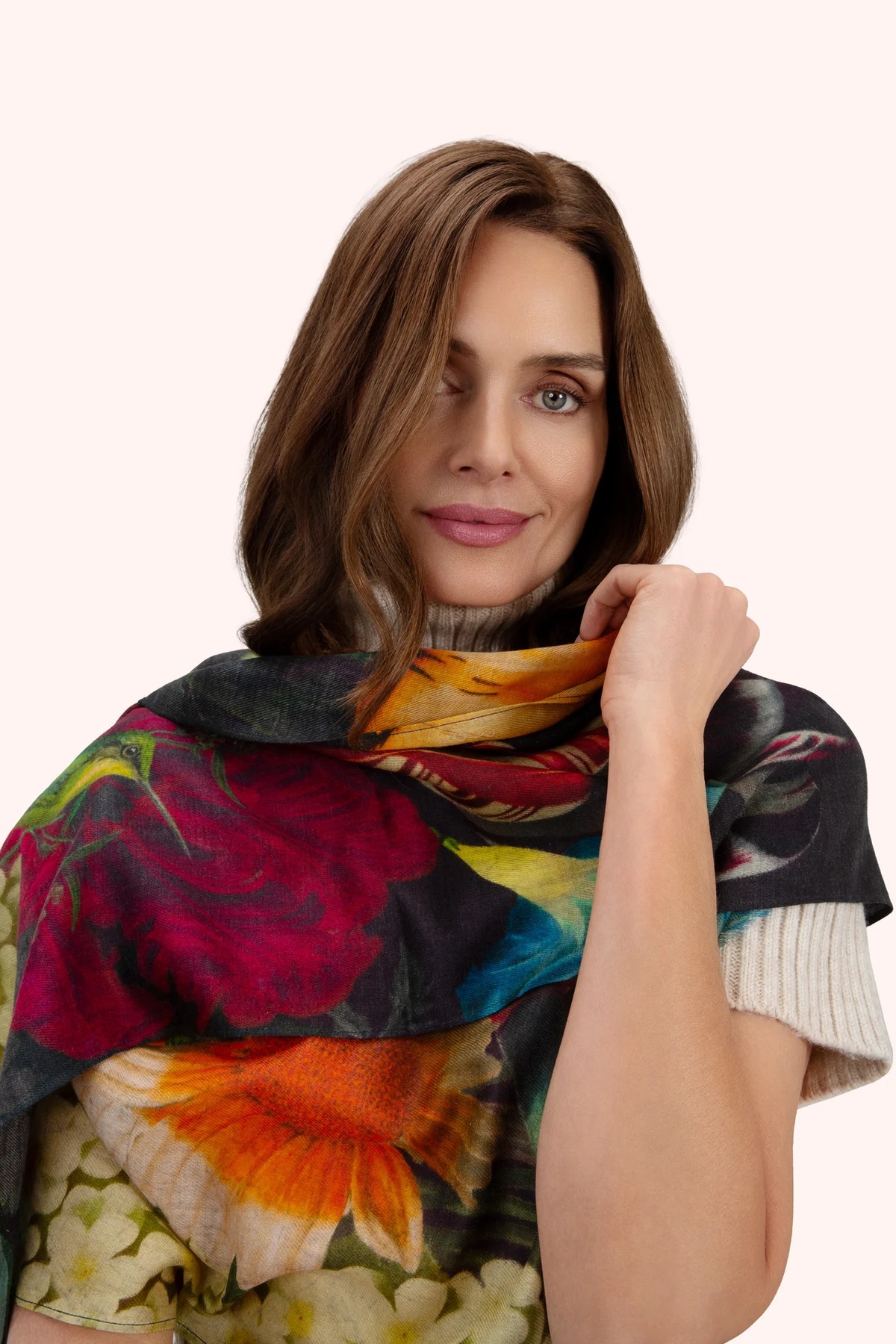 Opulant Florals Wool Wrap Scarf - Chocolate - Powder image 1