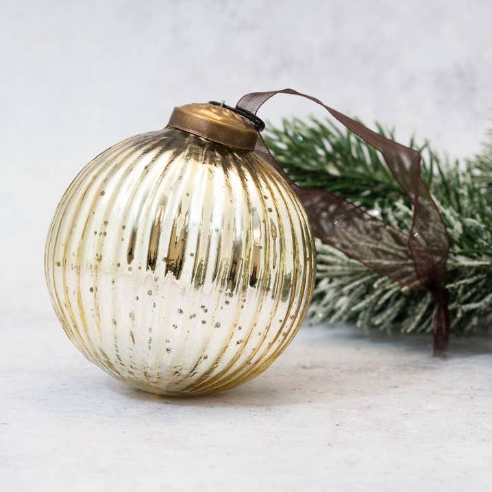 Gold Glass Ribbed Bauble 3" - Bollywood Christmas image 1