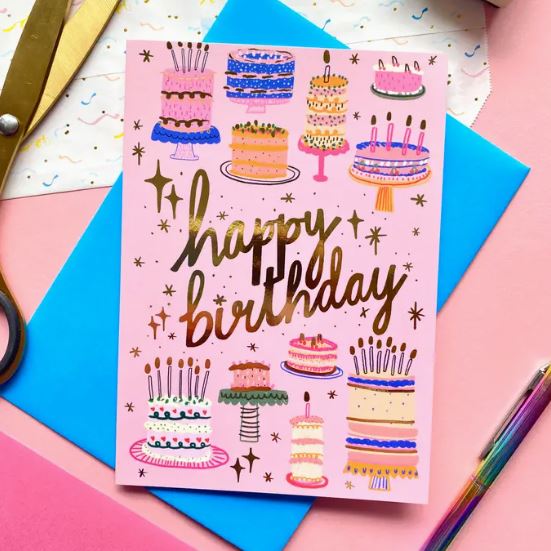 Happy Birthday Gold Cakes Card - Kerrie Illustrates image 1