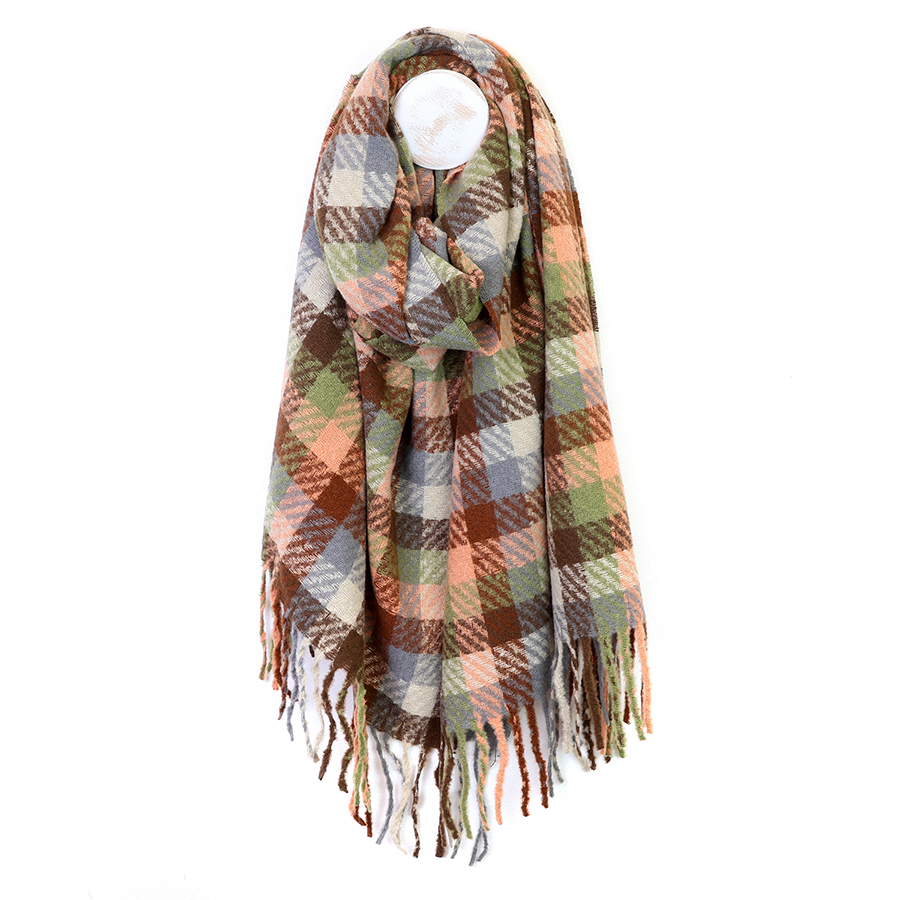 Salmon, Sage & Brown Mix Check Scarf - POM 925 image 1