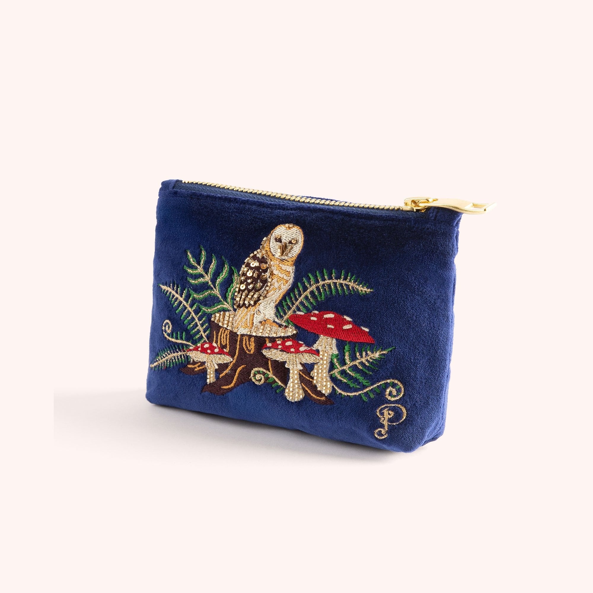 Mini Velvet Zip Pouch - Woodland Owl - Powder image 1