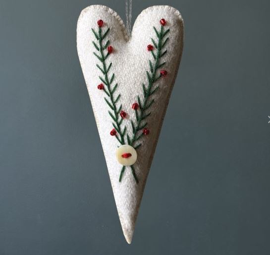 Folk Embroidered Cream Heart Decoration - East of India image 1