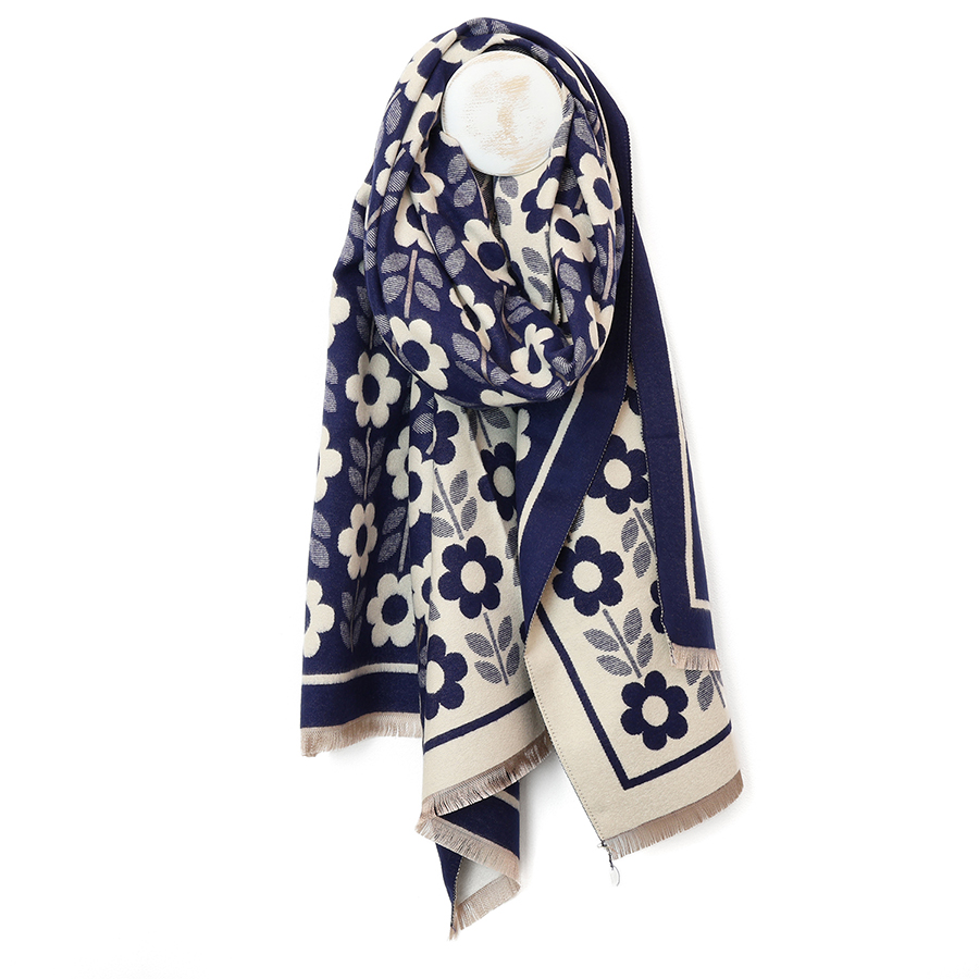 Retro Navy Flowers Scarf - POM 925 image 1