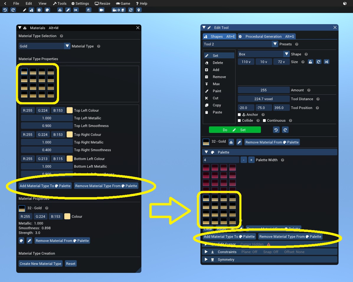 Add/remove material type to palette in Avoyd's Voxel Editor