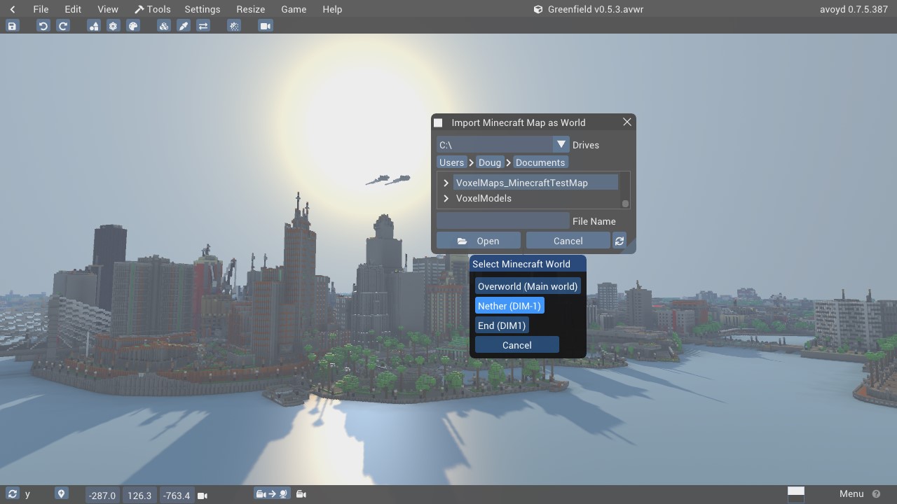 User interface for Minecraft dimensions import. Screenshot featuring Greenfield City