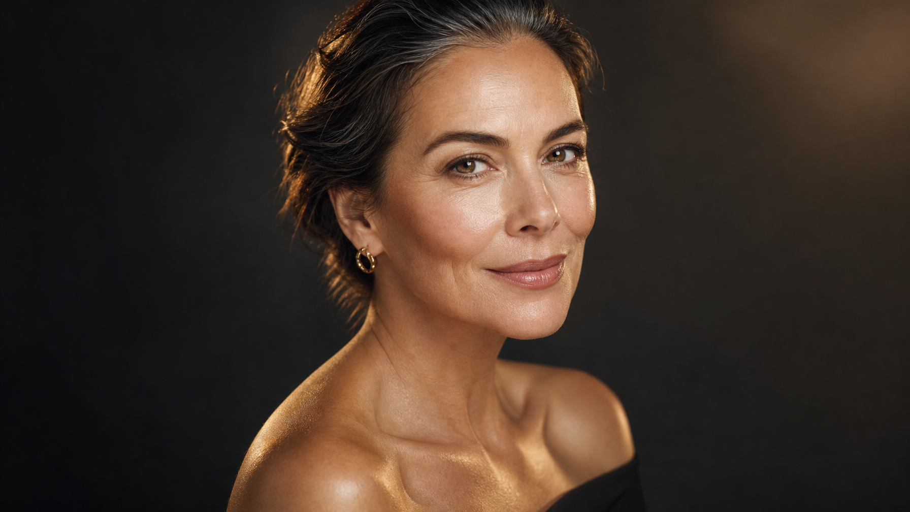 Mature woman with firm lifted radiant skin after caviar serum treatment - Beauty Power anti-aging result