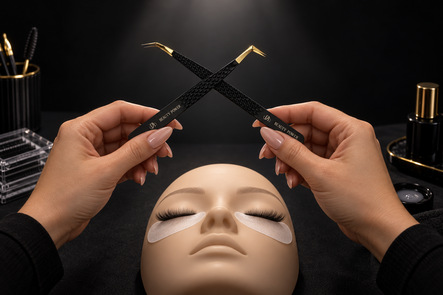 Proper lash tweezer grip technique close up