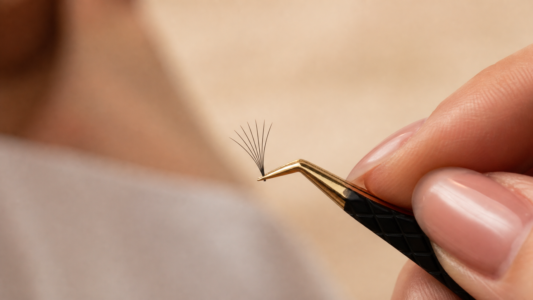 Lash artist creating a perfect volume lash fan using the pinch and roll technique with Beauty Power fiber-tip tweezers