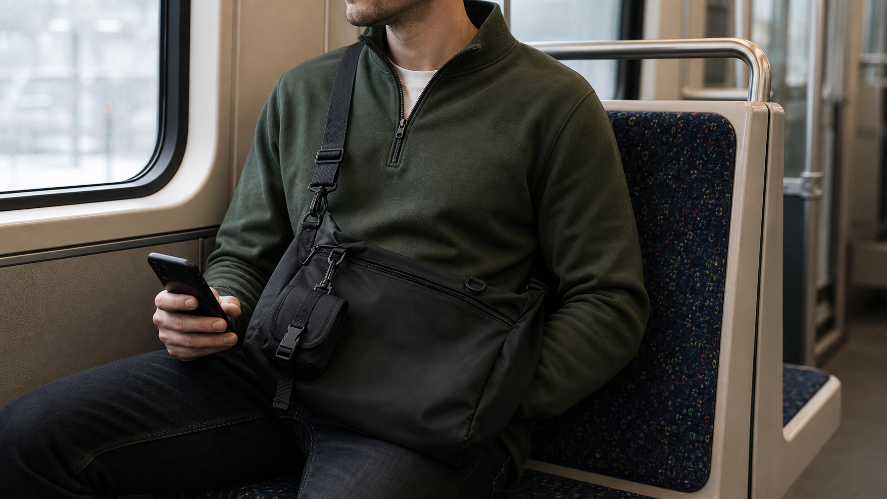 Man in early 30s in an unbranded forest green quarter-zip seated relaxed in a subway carriage, large matte black crossbody messenger bag on his lap with strap still diagonally across his chest, looking at his phone, morning window light from the side