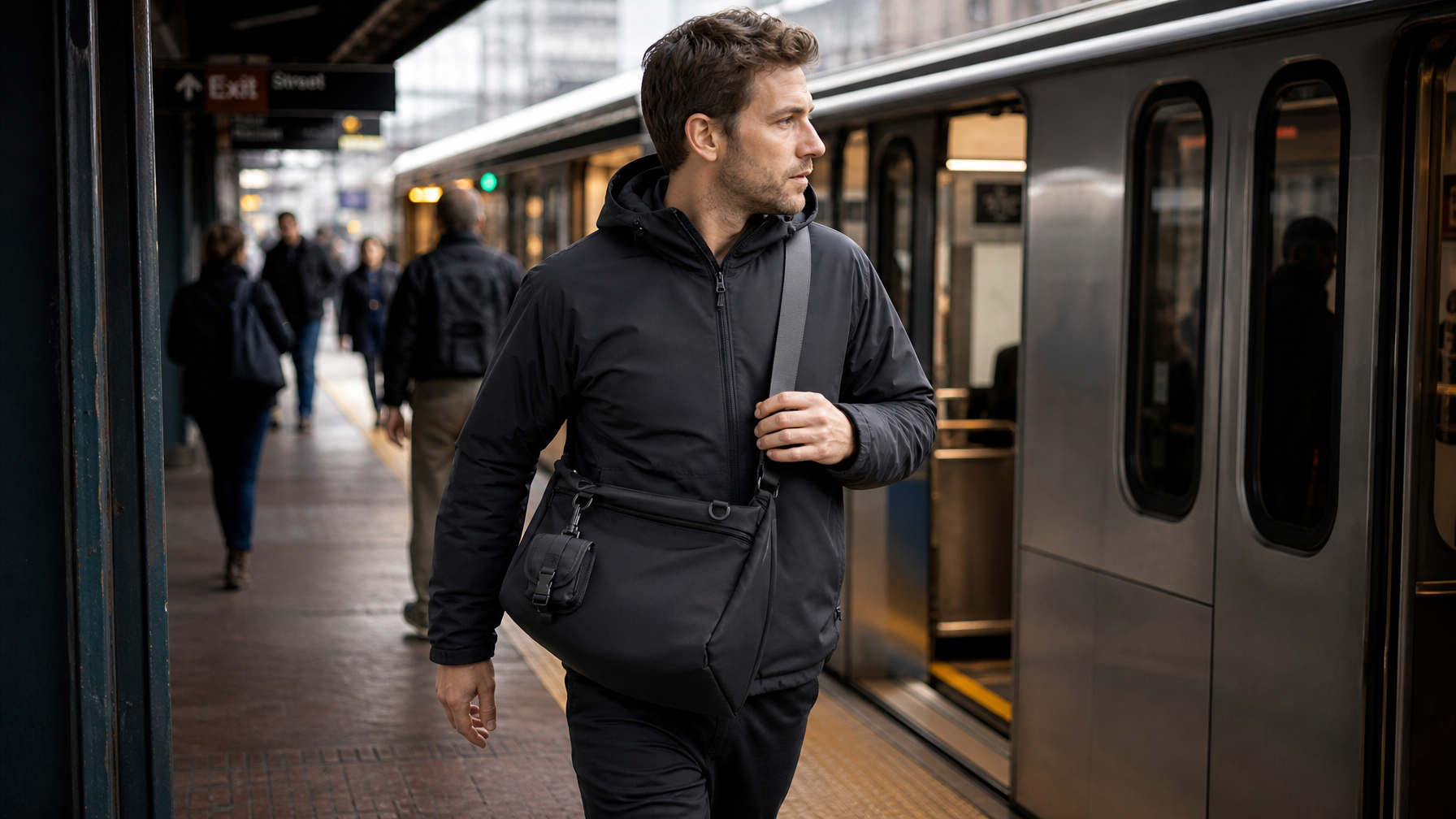 Man in charcoal technical jacket stepping off a city metro platform, compact matte black crossbody bag worn diagonally at hip level, beginning a day of city exploration