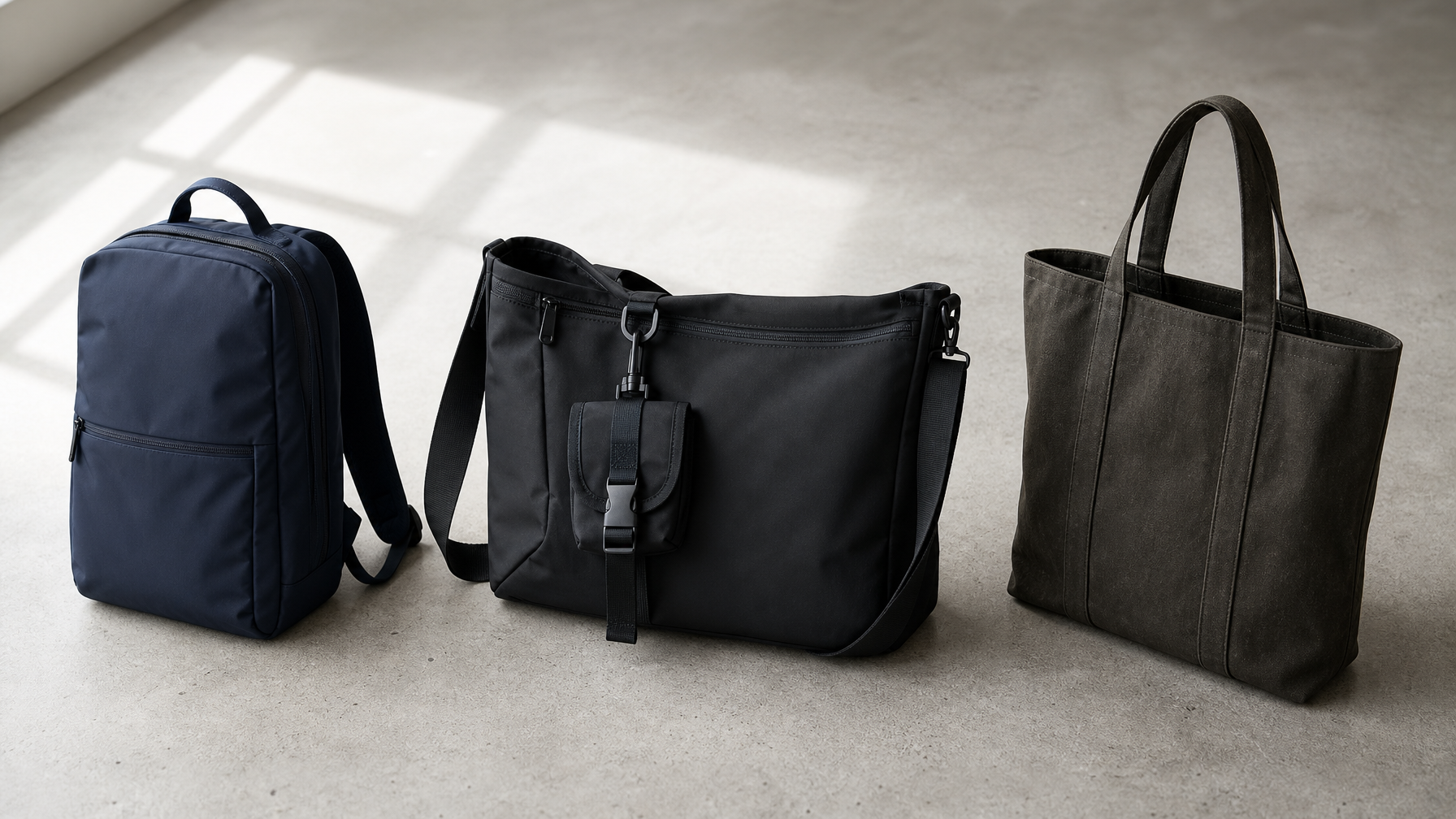 Editorial flat lay on light grey concrete surface: three bag silhouettes side by side — a slim dark navy structured backpack on the left, a large matte black top-zip crossbody messenger bag in the center, and a minimal canvas tote on the right. All unbranded. Morning diffuse window light, soft shadows.